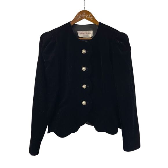Velvet Black Velvet Scalloped Blazer Top Rhinestone Pearl Buttons Vintage - Picture 1 of 8